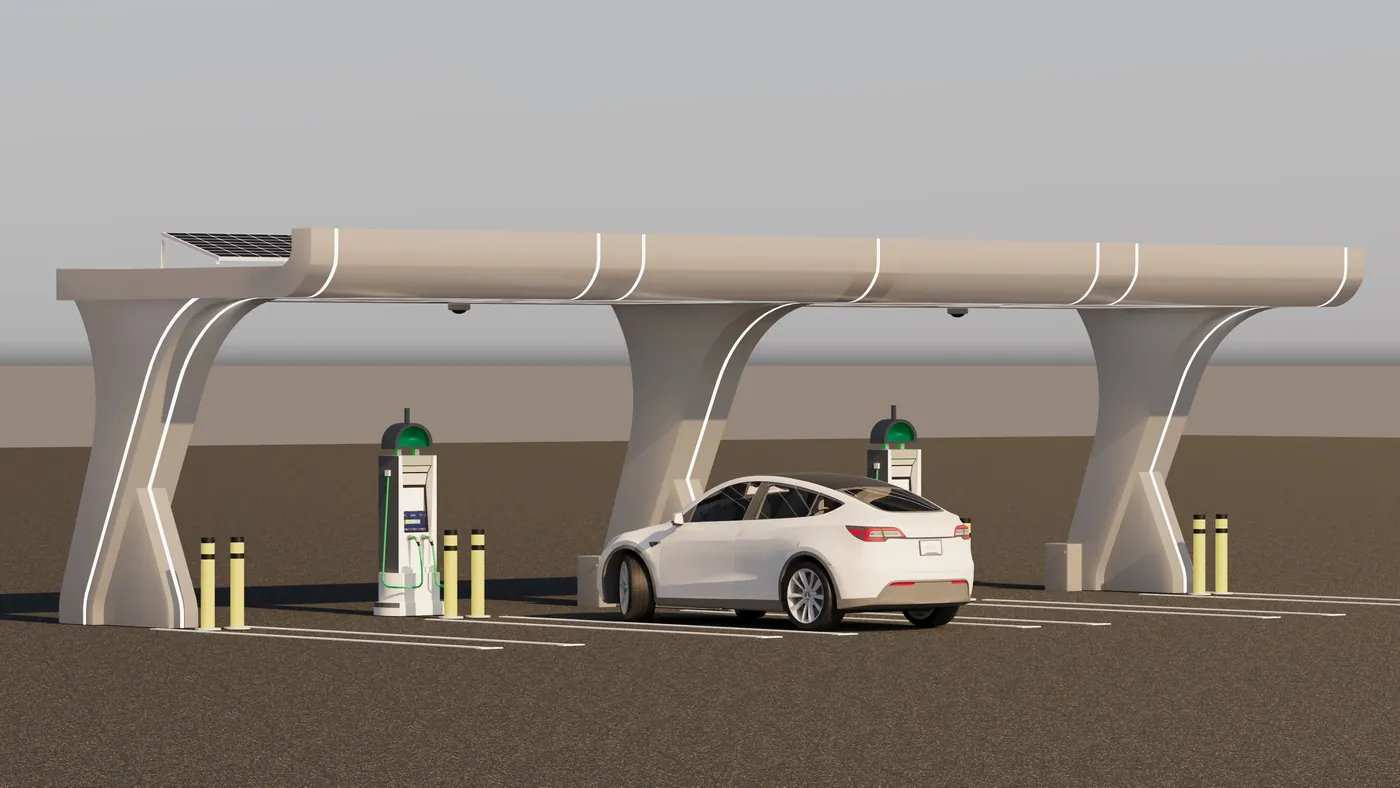 Tek modüllü kanopi altında şarj üniteleri ve elektrikli araç